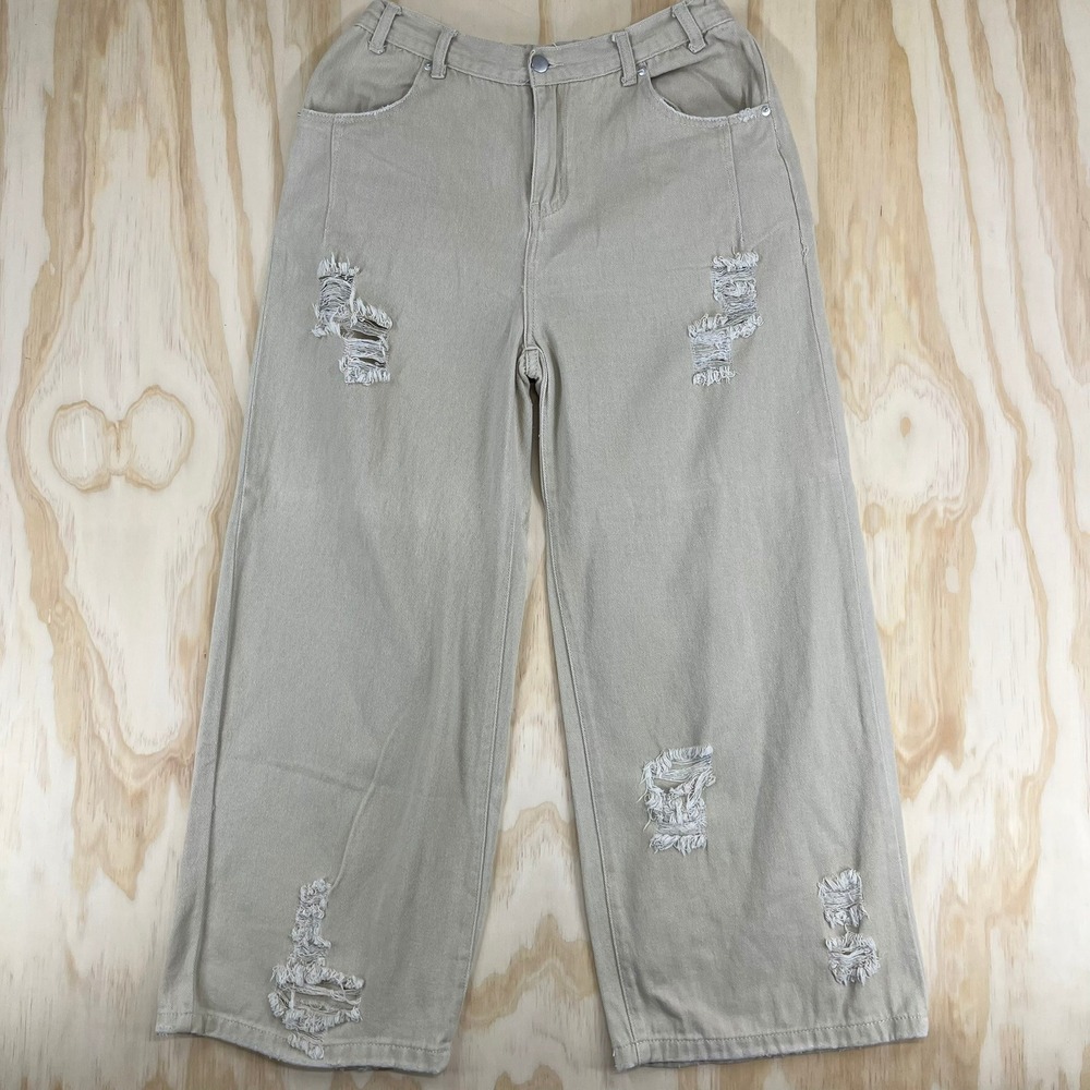 POL Women Khaki Tan Distressed Ripped Wide Leg Jeans Elastic Back Size L